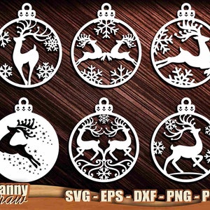 May include: Six white ornament cutouts with a reindeer design. Each ornament features a different reindeer pose and snowflake pattern.