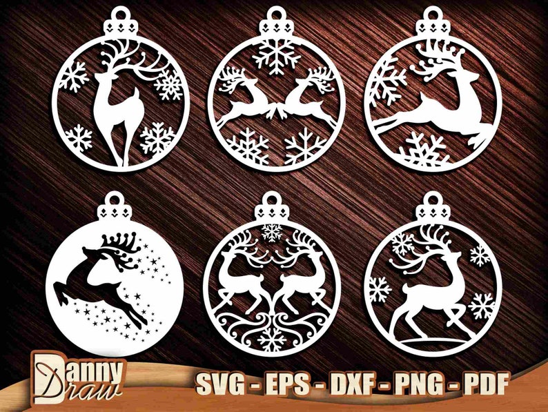 May include: Six white ornament cutouts with a reindeer design. Each ornament features a different reindeer pose and snowflake pattern.