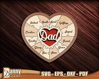 Papa puzzle svg, papa svg, 2 couches papa signe, papa signe couper fichier, papa coeur svg, papa vie svg, laser svg, Glowforge, Cricut, Silhouette, DD0260