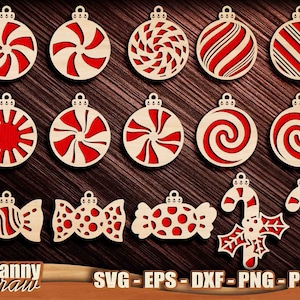 Boules de Noël svg, Candy svg, Décorations de Noël, Ornements d’arbre de Noël SVG, Fichiers découpés au laser, Cricut, Silhouette, Glowforge, DD0200