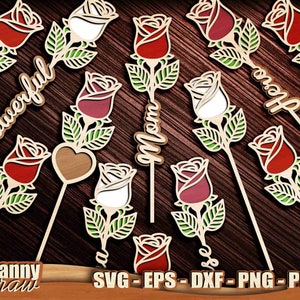 Rosa, Dia das Mães, SVG de corte a laser de 2 camadas, arquivos de corte a laser de flores, Mãe, Mãe, Mamãe, Nana, Amado, Diversão, Corte CNC Laset, Glowforge, DD0253