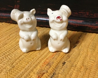 Tiny Little White Pigs Salt and Pepper Shakers, old