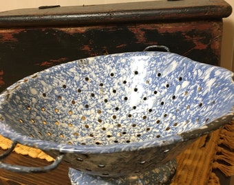 Blue Speckled Enamelware Colander