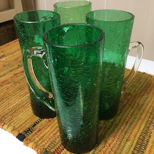 Emerald Green Crackle Glasses Set of 4 with Handles