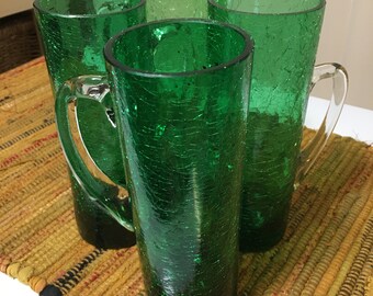 Emerald Green Crackle Glasses Set of 4 with Handles