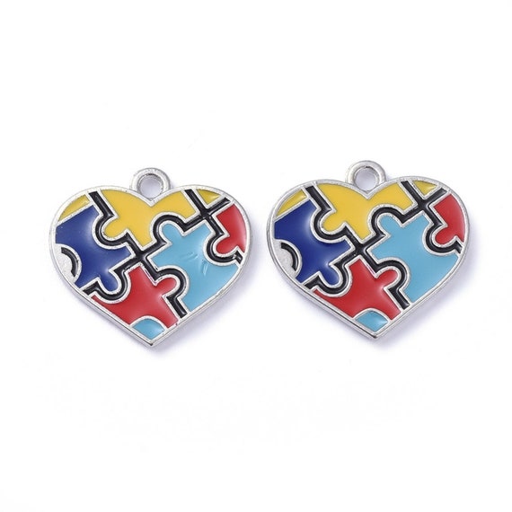 5 Pieces Autism Heart Puzzle Piece Platinum Enamel Pendant Charm Wholesale Jewelry Supplies
