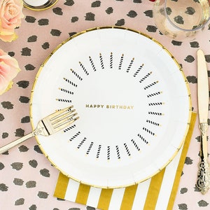 Gold Birthday Candles Round Paper Plates - 9 inch plates, 10 count - Disposable Easy Paper Plates - Gold Foil Border