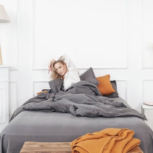 100% linen duvet cover, dark grey softened stonewashed linen bedding with button or zipper closure Gift For Women Mothers Day Gift