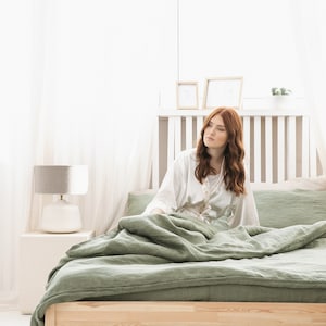 Linen duvet cover and 2 pillow covers bedding set softened linen bedding in Moss Green with zipper closure