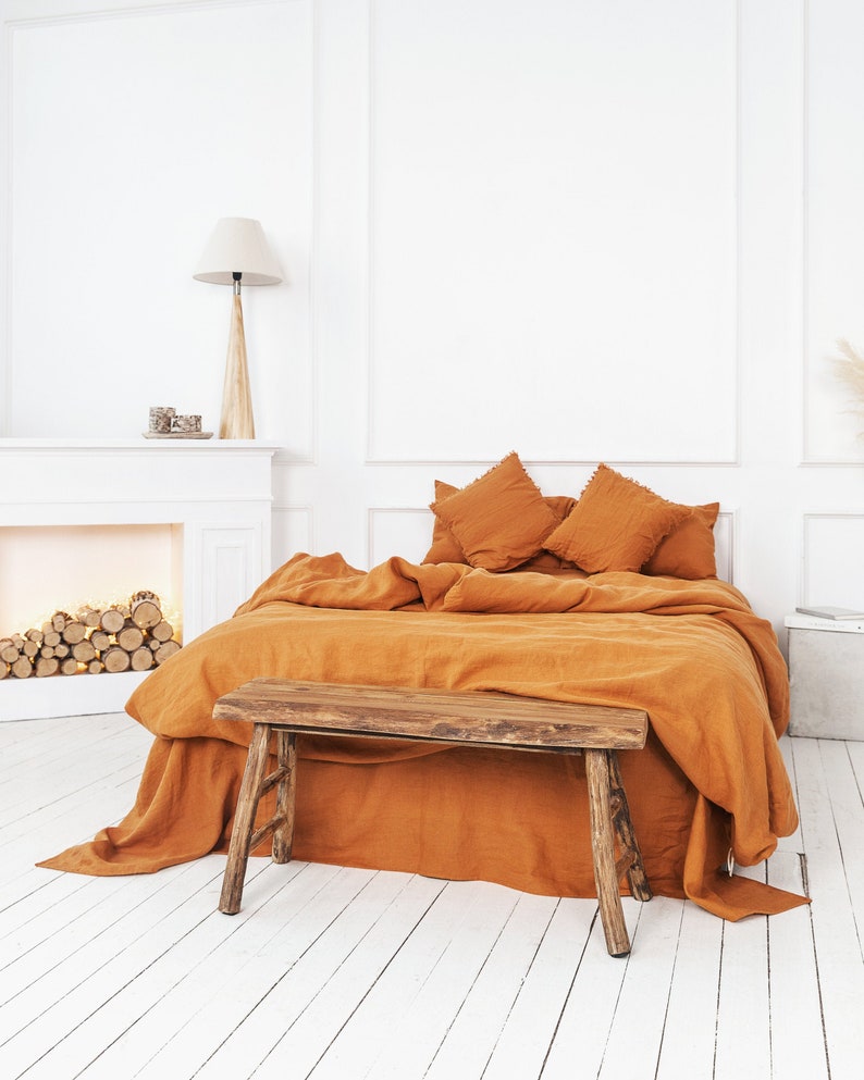 Linen bedding set duvet cover and 2 pillow cases softened linen bedding in Burnt Orange with zipper closure Mothers day gift image 2