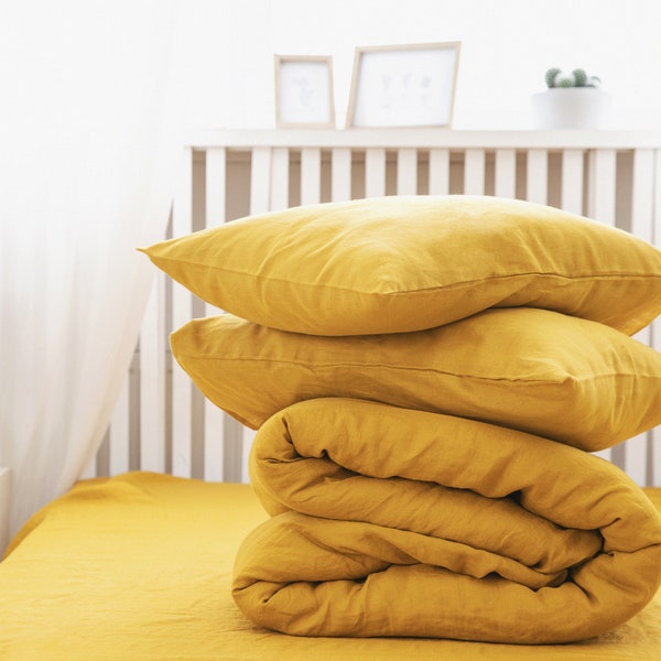 Linen bedding set duvet cover and 2 pillowcases softened linen bedding in Mustard with zipper closure Mother's Day Gift