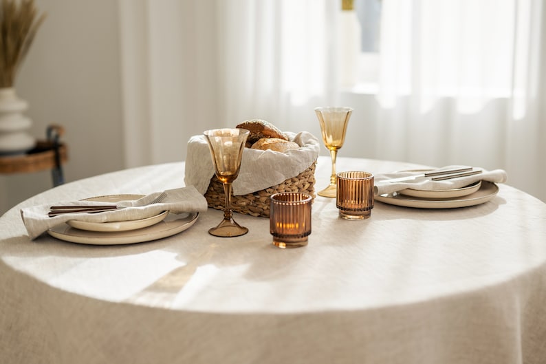 Linen tablecloth round circle shape natural linen color