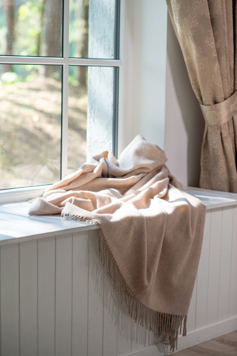 Merino wool throw blanket herringbone pattern fringed woven Etsy