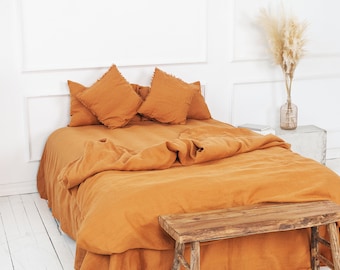 Linen bedding set duvet cover and 2 pillow cases softened linen bedding in Burnt Orange with zipper closure Mothers day gift