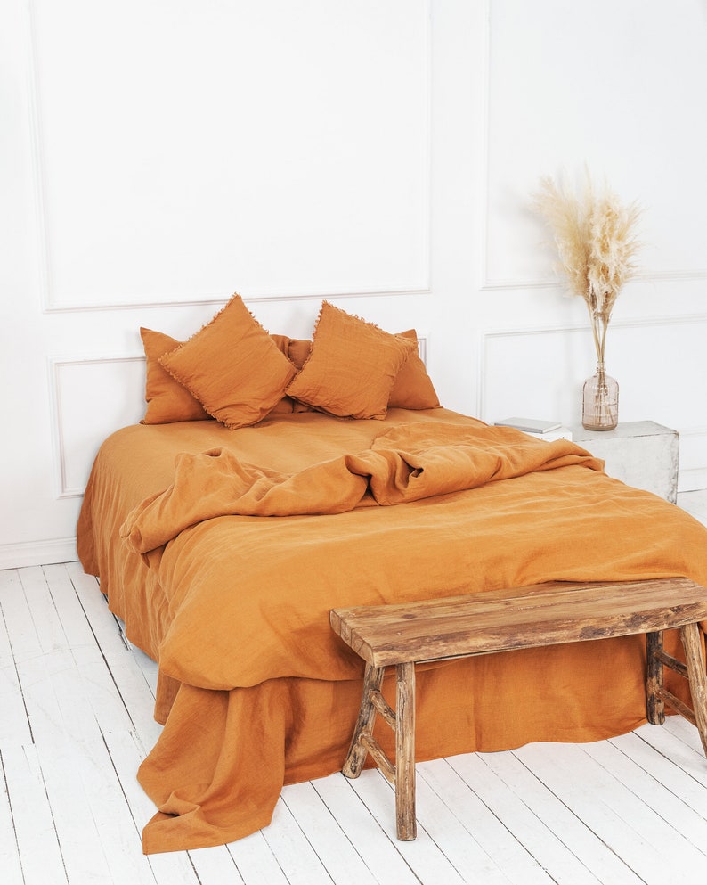 Linen bedding set duvet cover and 2 pillow cases softened linen bedding in Burnt Orange with zipper closure Mothers day gift image 1