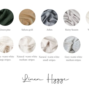 Puede incluir: Una colecci&oacute;n de muestras de tela de lino en varios colores y patrones, incluyendo verde musgo, verde pino, oro del Sahara, ceniza, temporada de lluvias, blanco c&aacute;lido, natural, beige con rayas grandes de blanco c&aacute;lido, natural con rayas medianas de blanco c&aacute;lido, natural con rayas peque&ntilde;as de blanco c&aacute;lido y gris con rayas medianas de blanco c&aacute;lido. Tambi&eacute;n se puede ver el texto "Linen Hygge" y "@linen.hygge".