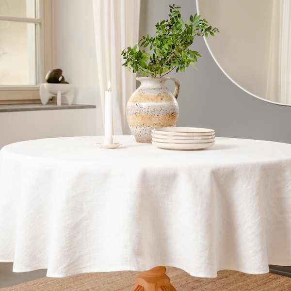 Round Linen tablecloth. Washed soft linen table cloth. White stonewashed linen. Custom size tablecloth. Natural Dining for Mother's Day