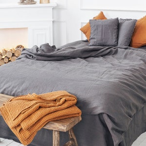 Linen bedding set duvet cover and 2 pillow cases softened linen bedding in dark grey with zipper closure Christmas Gift