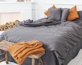 Linen bedding set duvet cover and 2 pillow cases softened linen bedding in dark grey with zipper closure Christmas Gift