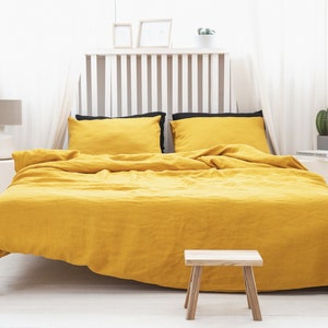 Linen bedding set duvet cover and 2 pillowcases softened linen bedding in Mustard with zipper closure Mother&#39;s Day Gift
