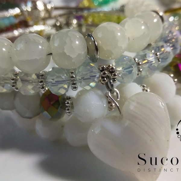 Glass Beaded Memory Wire Bracelet - All White - Covenant Keepsake