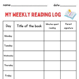 May include: A black and white printable reading log for kids with a cartoon image of an open book. The log includes spaces to record the day, title of the book, minutes spent reading, and a parent signature.