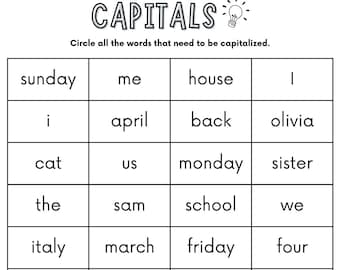Capitalization Worksheets | Printable Capital Letter Activity | English Grammar Capital Letter Lesson Capitalization Activity Grammar Lesson