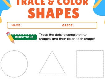 Learn Shapes - Shape Tracing Shape Coloring Activity Sheet - Shape Color Trace Shape Worksheet, Digital Printables for Preschoolers