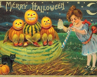 Vintage Halloween Digital Download - A Merry Halloween - Retro Pumpkins Postcard - Halloween Art - Halloween Printable, Instant Download