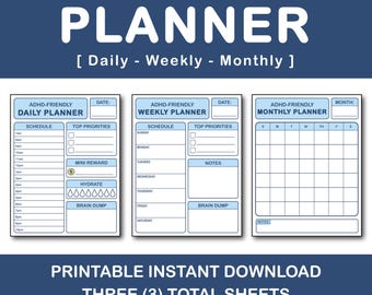 ADHD Planner Printable | Daily Weekly Monthly Planner | Focus & Productivity Organizer | Instant Digital Download PDF for Time Management