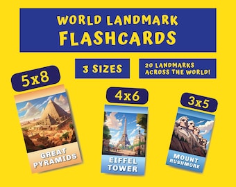 World Landmark Flashcards, 20 Printable Flash Cards of World Landmarks and Monuments, 3 Sizes Included, Instant Digital Download File