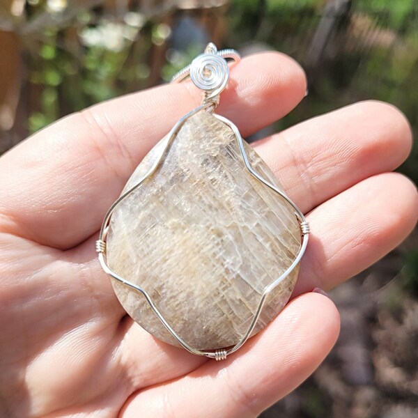 Silver sheen moonstone necklace, reiki infused, handmade jewelry, wire wrapped stone
