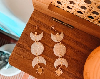 Moon Phases | Opal Earring | Polymer Clay earrings | Boho Clay Earrings | Clay Earrings | Statement Earrings | 18k Gold Plated |