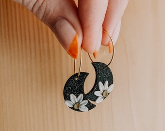 Floral Moon hoops | polymer clay earrings | Boho Clay Earrings | Clay Earrings | Statement Earrings |