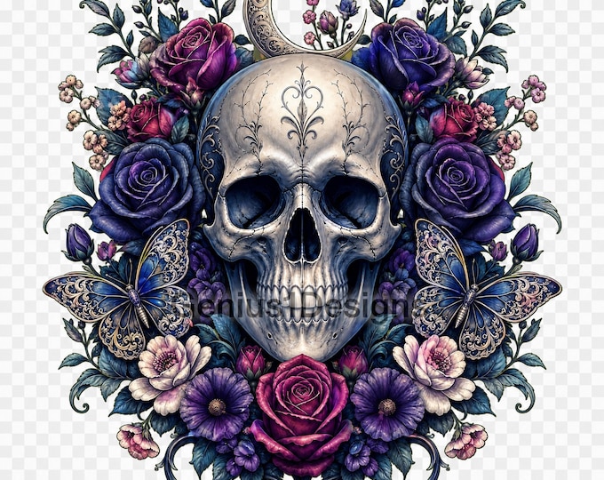 Floral Skull PNG Bundle | Gothic Botanical Skull Clipart | Flower Skull Sublimation Design | 300 DPI Transparent PNG | Commercial Use