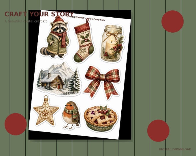 Christmas Fussy Cut Ephemera Printable, Winter Junk Journal Kit, 30 Holiday Designs in 3 Sizes, Christmas Scrapbook Collage