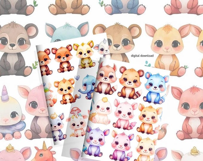 Watercolor Baby Animals Clipart Bundle – 77 Cute Animal Stickers PNG – Transparent Background – Instant Download