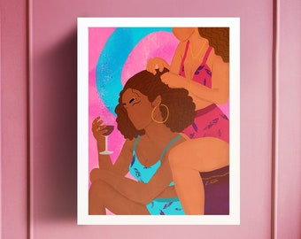 Girl Time | Black Girl Wall Art, Natural Hair Art, Wine Art, Black Woman Hair, Gift for Friend, Black Friends, Black Friendship Art, Sisters