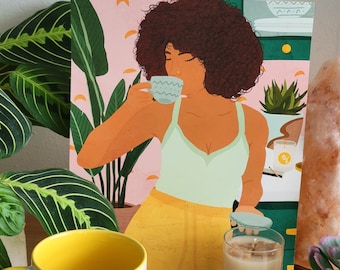 Tea Time | Plant Mom Art Print, Black Woman Art, Plant Lover, Peaceful Art, Black Girl Wall Art, Black Girl Magic Kitchen, Black Owned Shop