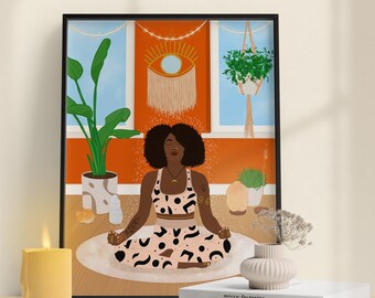Inner Peace Art Print | Meditation Wall Art, Black Women Art, Yoga Art Print, Black Spiritual Art, Plant Lover Gift, Black Girl Art
