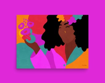 A New Day Art Print | Bold Color Wall Art, Black Woman Art, Black Girl Joy, Art By Black Artist, Flower Art Black Women, Natural Hair Art