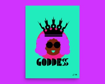 GODDESS Art Print, Black Woman Art, Bright Colorful Wall Art, Black Girl Art, Black Goddess, 90s Art, Black Owned Shops, Bright Home Decor