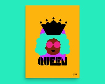 QUEEN Art Print, Black Woman Art, Bright Colorful Wall Art, Black Girl Wall Art, 90s Art, Black Queen, Black Owned Shops, Apartment Decor