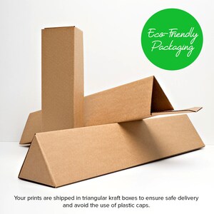 May include: Kraft cardboard triangular boxes for shipping prints. The boxes are brown and have a sturdy design. A green circle with the text "Eco-Friendly Packaging" is in the upper right corner.
