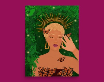 Butterfly Goddess Art Print - unique art, black art, art for plant moms, butterfly art, black woman in nature, art featuring black women