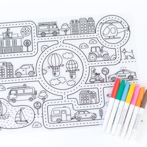 Silicone Reusable & Erasable Coloring Table mat Road Map with 7 dry-erase, Exclusive by MKS Miminoo, gift set, Unique design, Washable