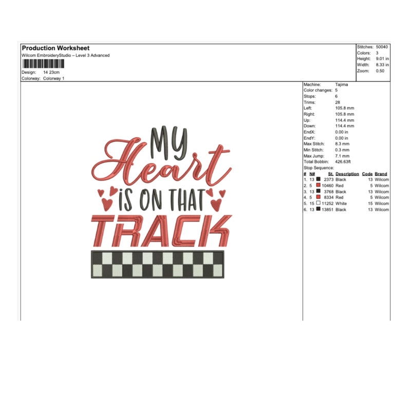 Pode incluir: Padr&atilde;o de bordado para uma linha de chegada xadrez vermelha e preta com o texto "My Heart is on That Track".
