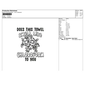 Puede incluir: Dise&ntilde;o de bordado en blanco y negro con el texto "DOES THIS TOWEL SMELL LIKE CHLOROFORM TO YOU" y detalles florales. El dise&ntilde;o mide 22,89 cm de alto y 18,36 cm de ancho.