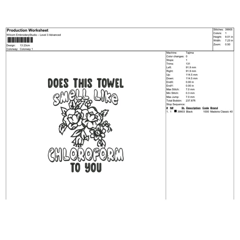 Puede incluir: Dise&ntilde;o de bordado en blanco y negro con el texto "DOES THIS TOWEL SMELL LIKE CHLOROFORM TO YOU" y detalles florales. El dise&ntilde;o mide 22,89 cm de alto y 18,36 cm de ancho.