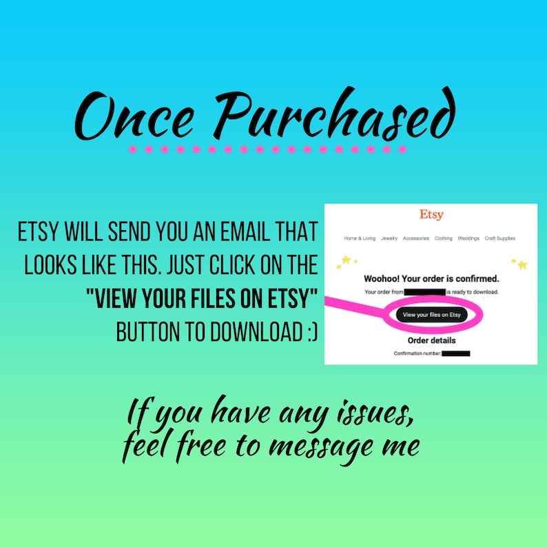 Pu&ograve; includere: Uno screenshot di un'e-mail di conferma ordine Etsy. L'e-mail dice "Woohoo! Il tuo ordine &egrave; confermato." e include un pulsante che dice "Visualizza i tuoi file su Etsy".